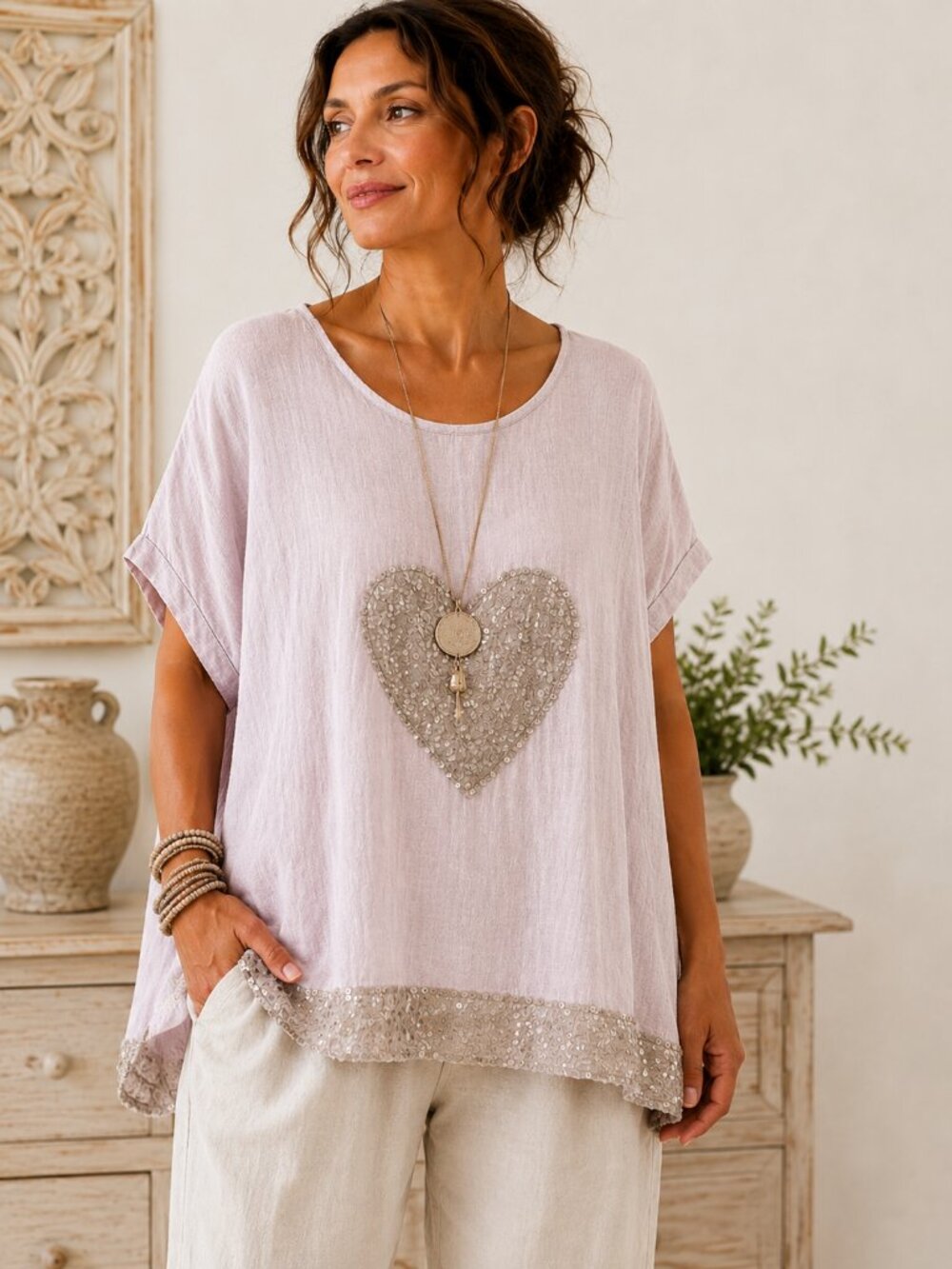 NT By Amati Lagenlook Top Made In Italy One Size Pink Linen Blend Heart Boho